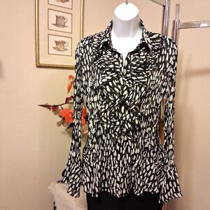 NWT Simon Chang Women's White Black Printed Ruffle Blouse Top Size 14 L